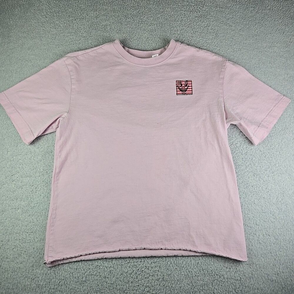 H&M Keith Haring Smile T Shirt Womens Size XS Pink Relaxed Fit Raw Bottom Hem